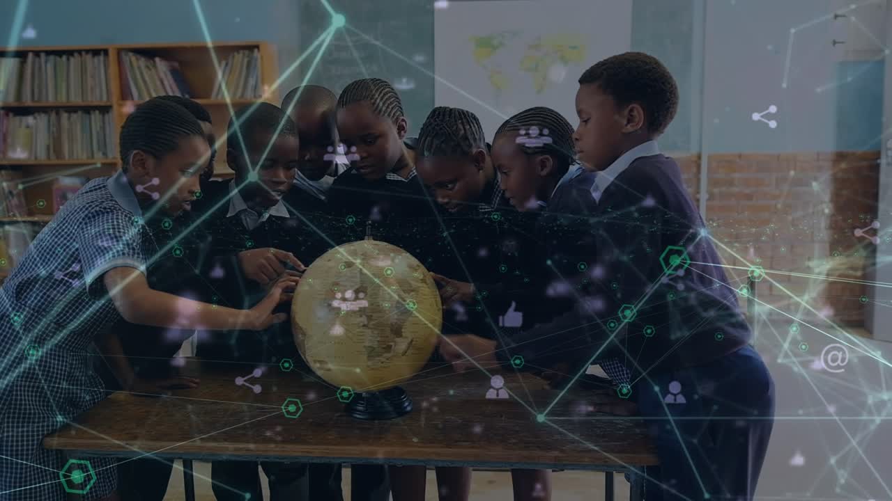Animation of network of connections with icons over african american pupils with globe at school