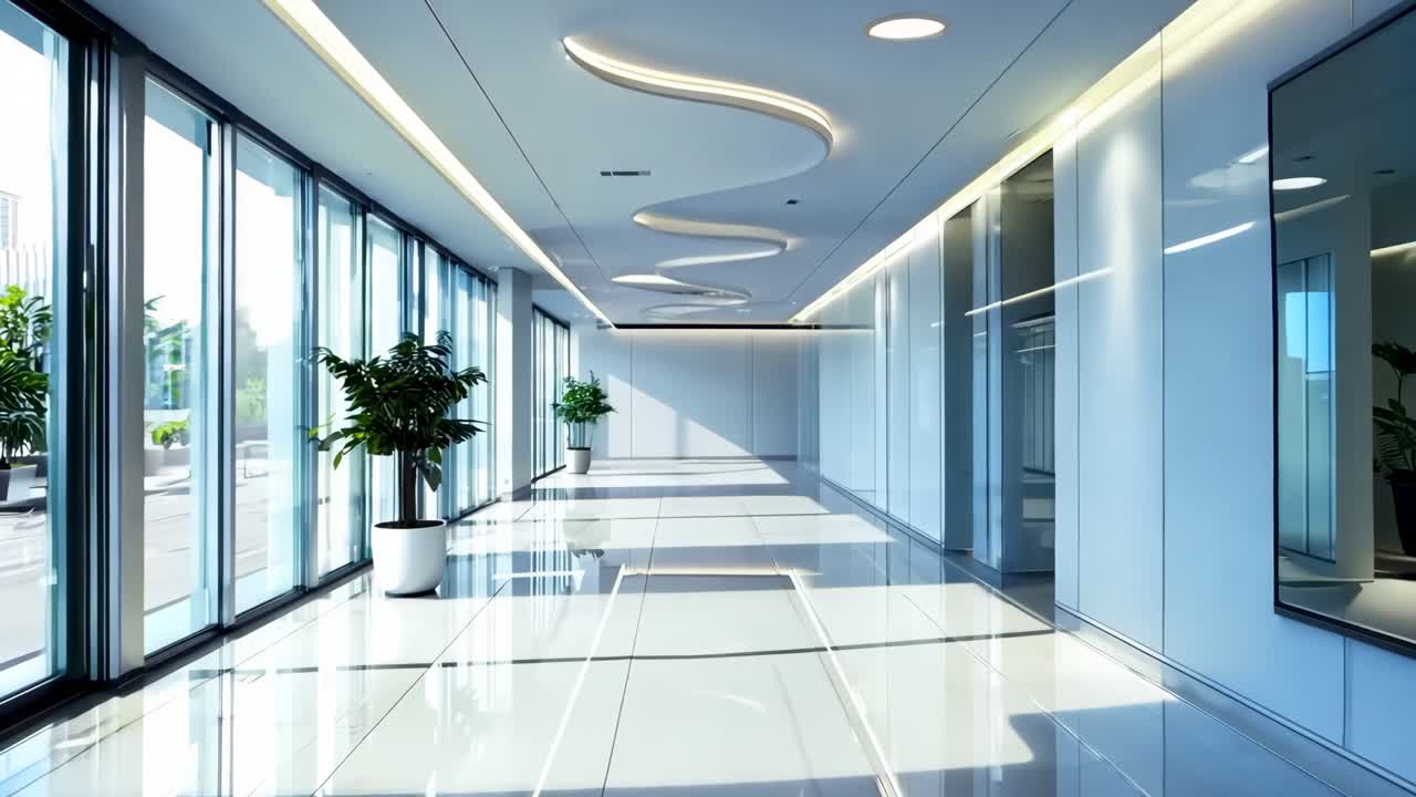 바닥에 비에 식물이 있는 긴 복도