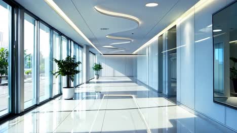 a long hallway with a plant in a pot on the floor