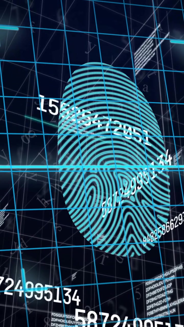 Scanning fingerprint with digital animation overlay on grid background