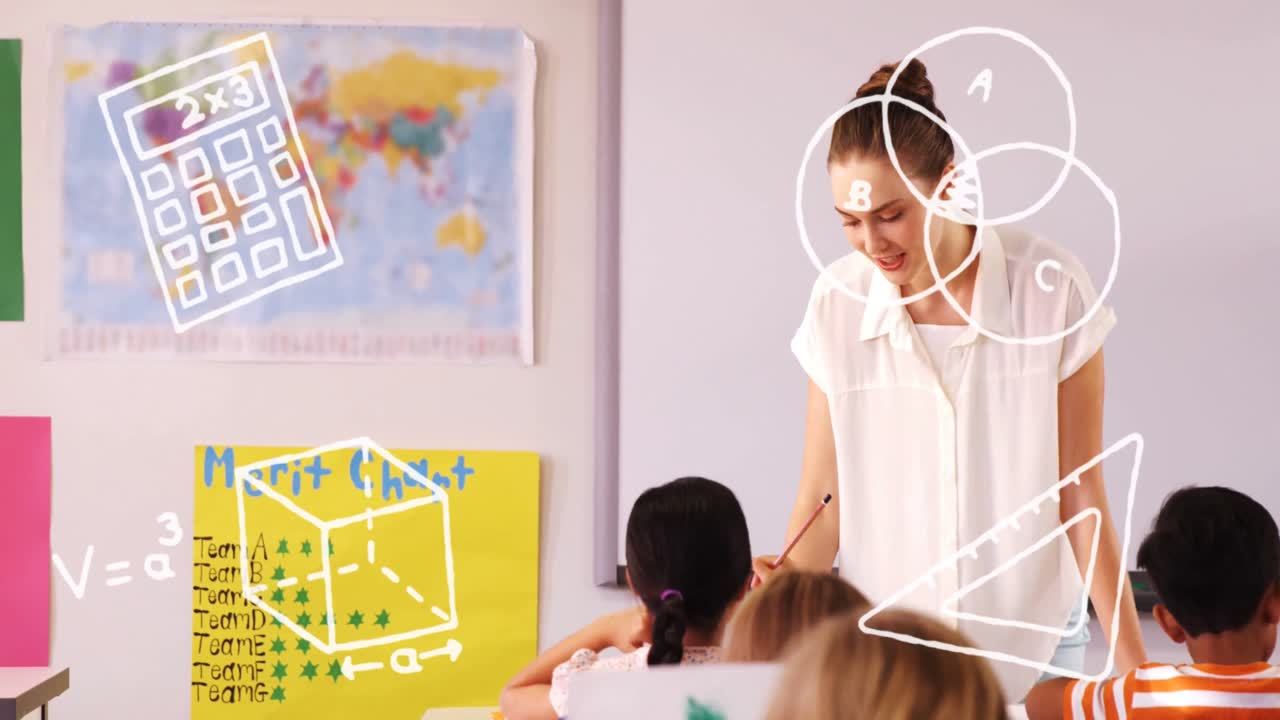 animación de artículos escolares sobre una feliz maestra caucásica y alumnos diversos.