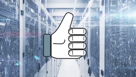 Digital-composition-of-thumbs-up-icon-against-empty-server-room