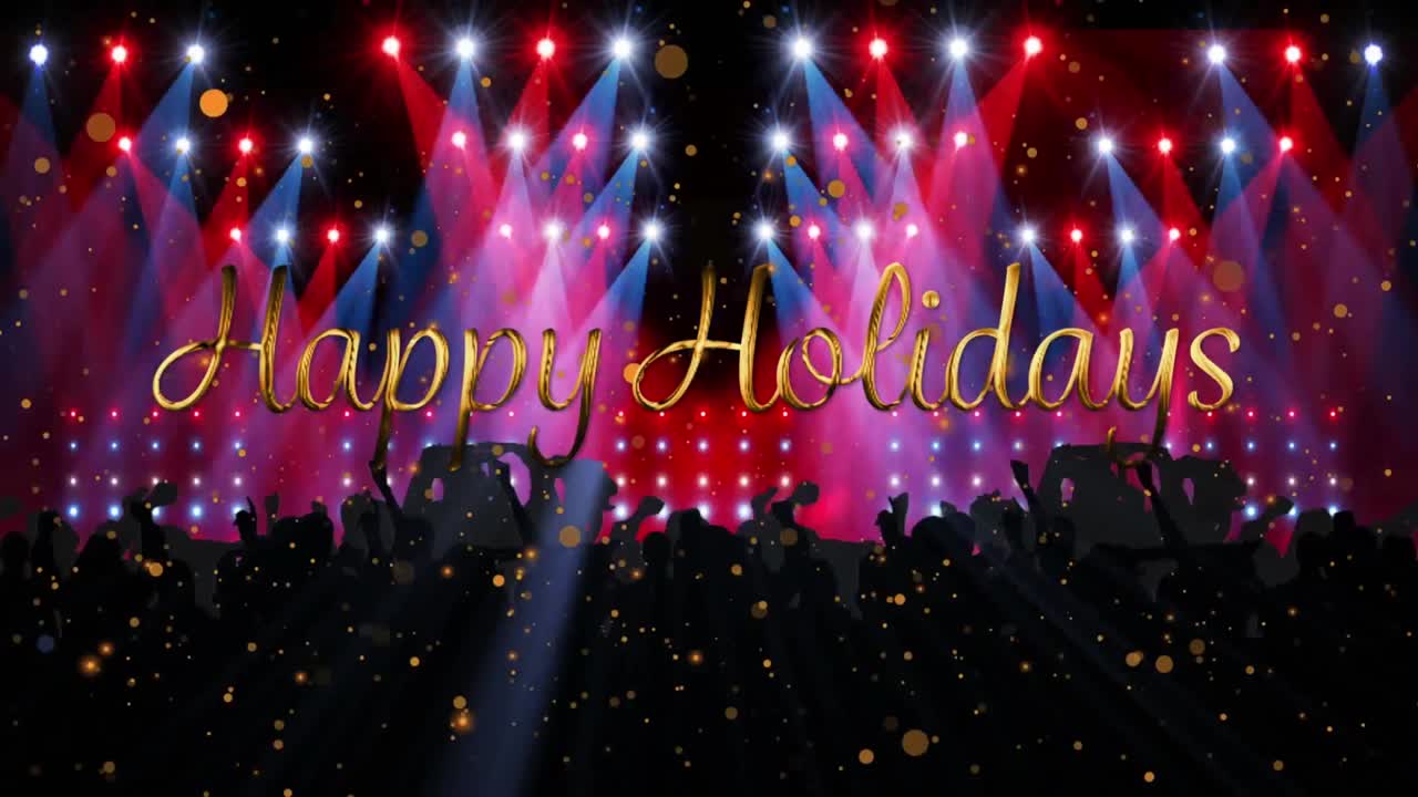 파티에 참석한 사람들 위에서 행복한 휴일 텍스트의 애니메이션