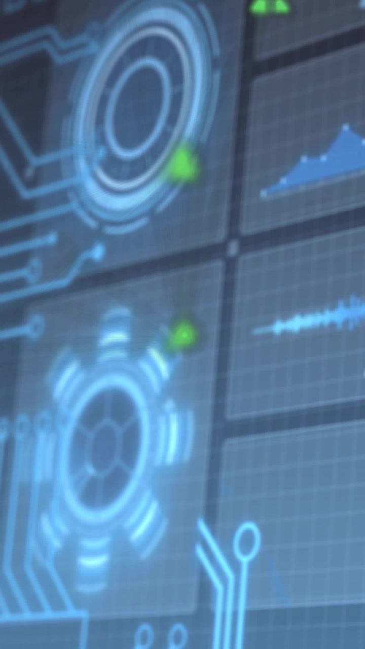 Vertical video: Tiled display wall animating on wake, green markers moving upward showing data flow