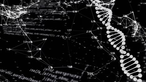 animation of dna strand, network of connections and data processing over black background