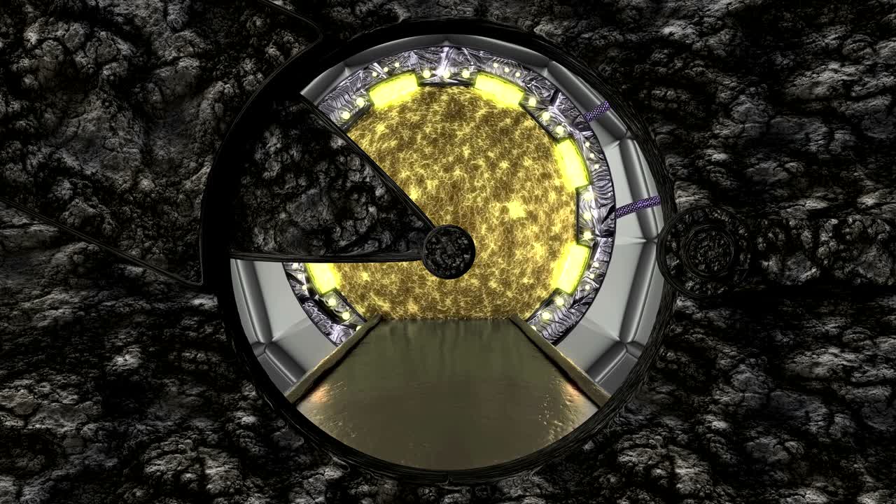 돌로 된 금속 치는 우주선 풍경 장면에 대한 파노라마 뷰를 열고, 포털과 함께 공상 과학 복도의 3d 추상적인 배경, 기술 제목과 배경에 대한 미래 기술 추상적인 vj.