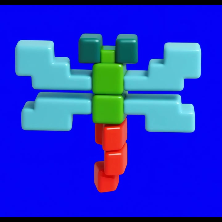 3D Voxel Dragonfly Rotating on Blue Background