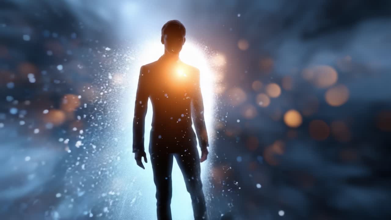 A Mysterious Figure Emanating Light and Energy Walks Through an Enigmatic Space Filled with Sparkling Particles, Creating a Visually Striking Ethereal Scene