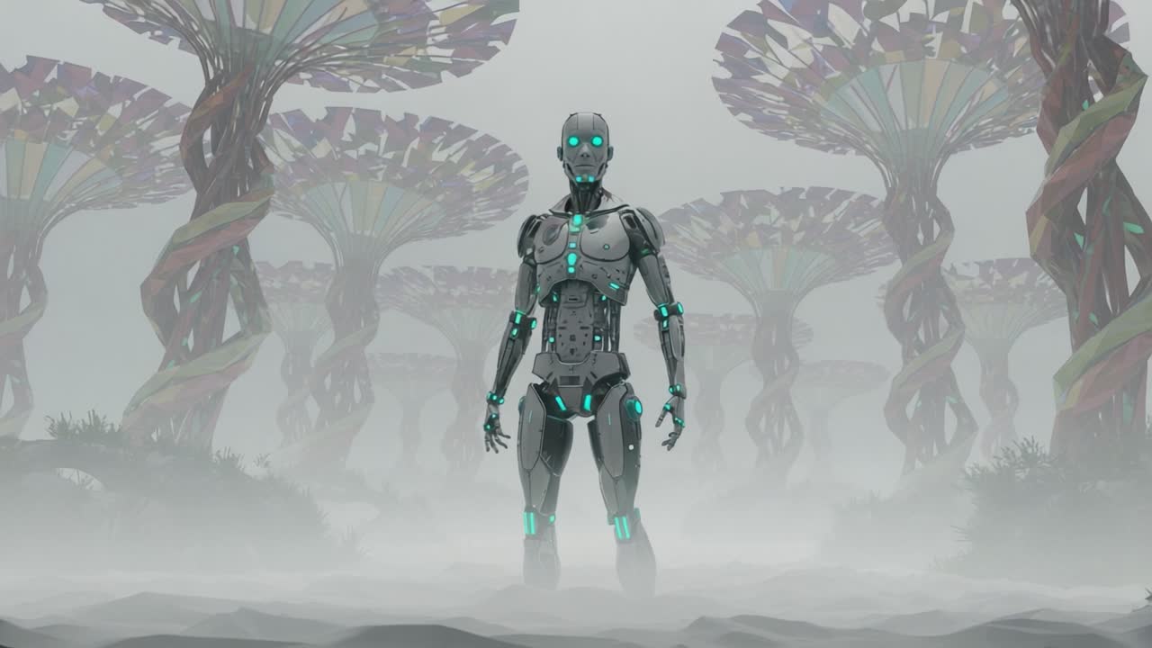 A futuristic android stands amidst a surreal landscape of towering, ornate trees in a misty environment, illustrating advanced technology's harmony with nature