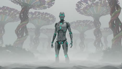 a futuristic android stands amidst a surreal landscape of towering, ornate trees in a misty environment, illustrating advanced technology's harmony with nature