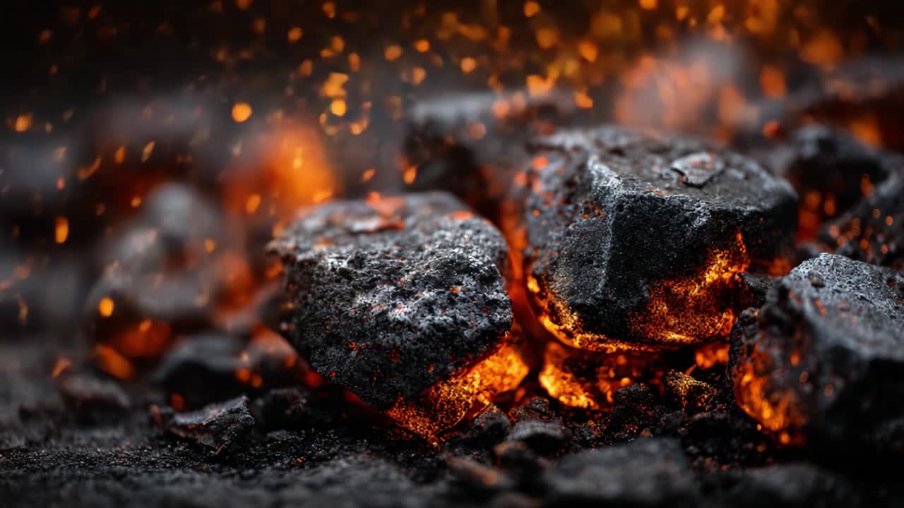 Braci Ardenti: Un'Esplorazione Ravvicinata del Carbone che Brucia, Simile a Fuoco Indomito, e la Sottile Danza delle Scintille in un'Atmosfera Oscurata.