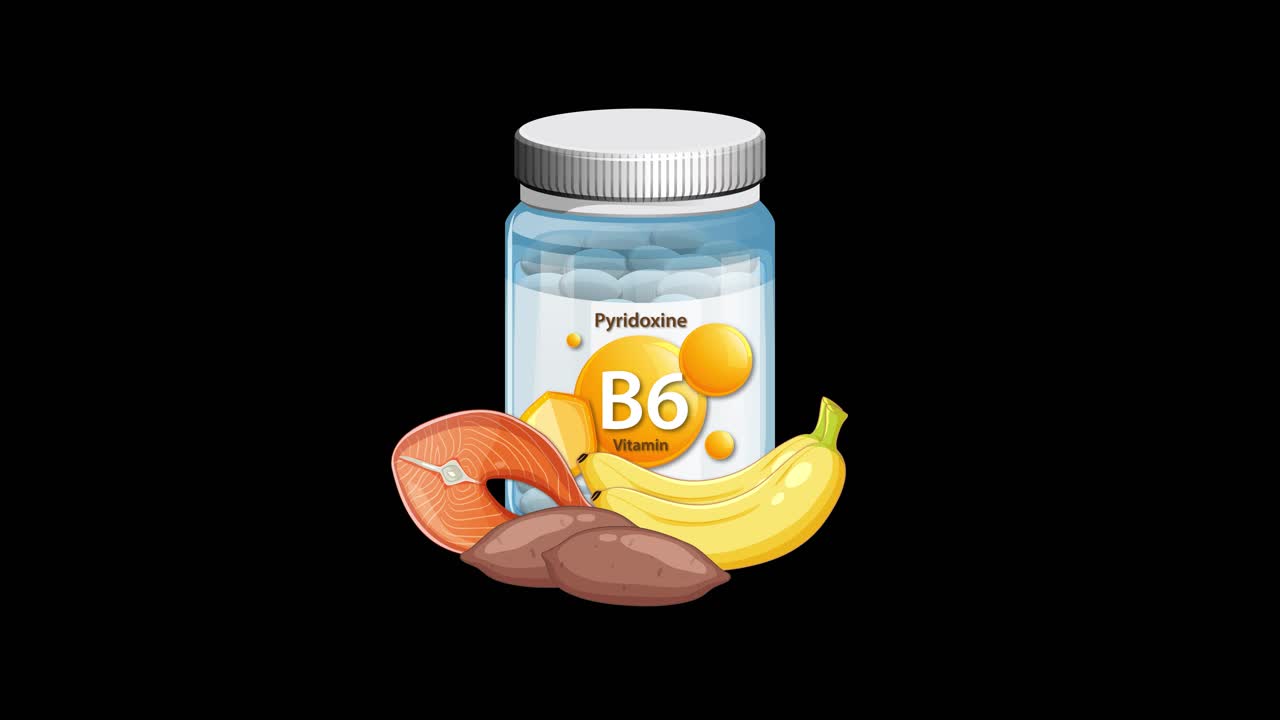 Vitamin B6 bottle with illustrated food sources animates in on black, smooth centered transitions