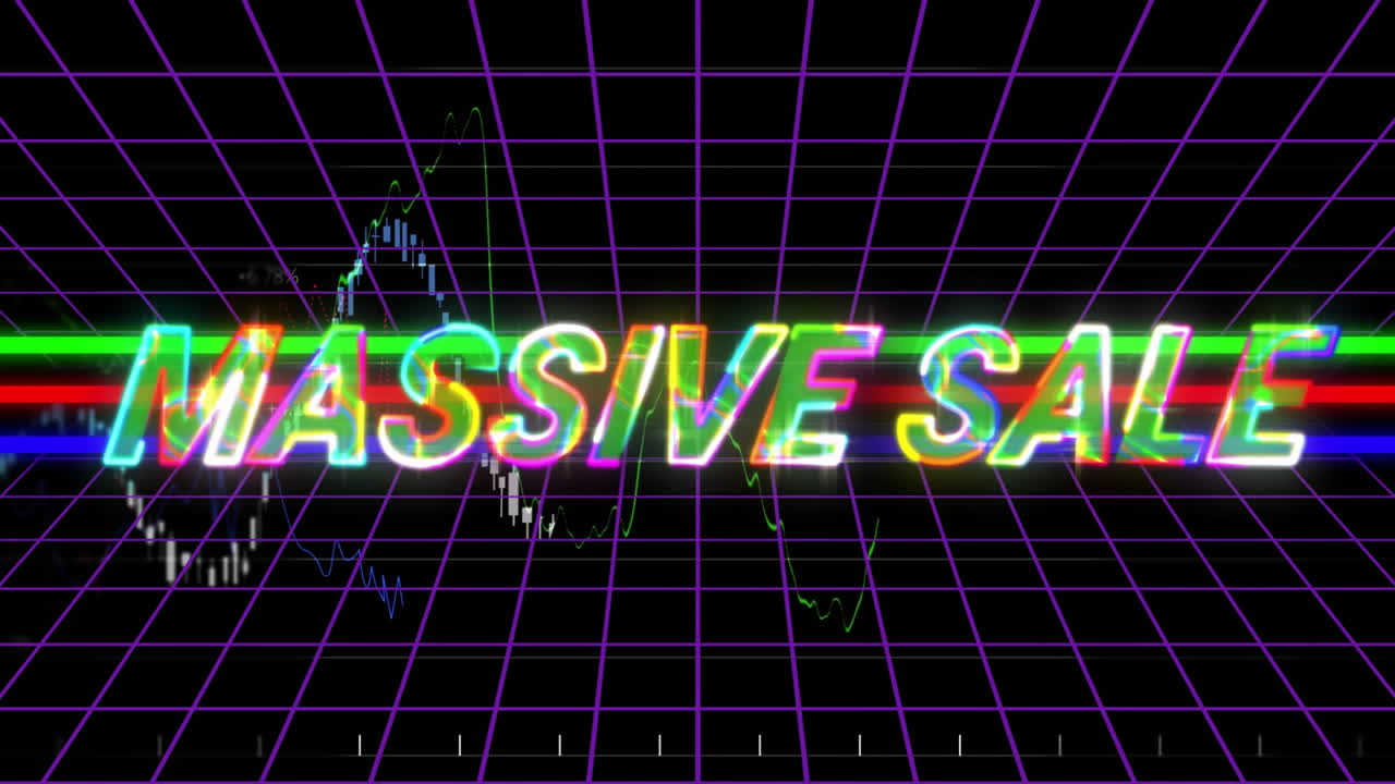 Massive Sale text in vibrant colors over retro grid background animation