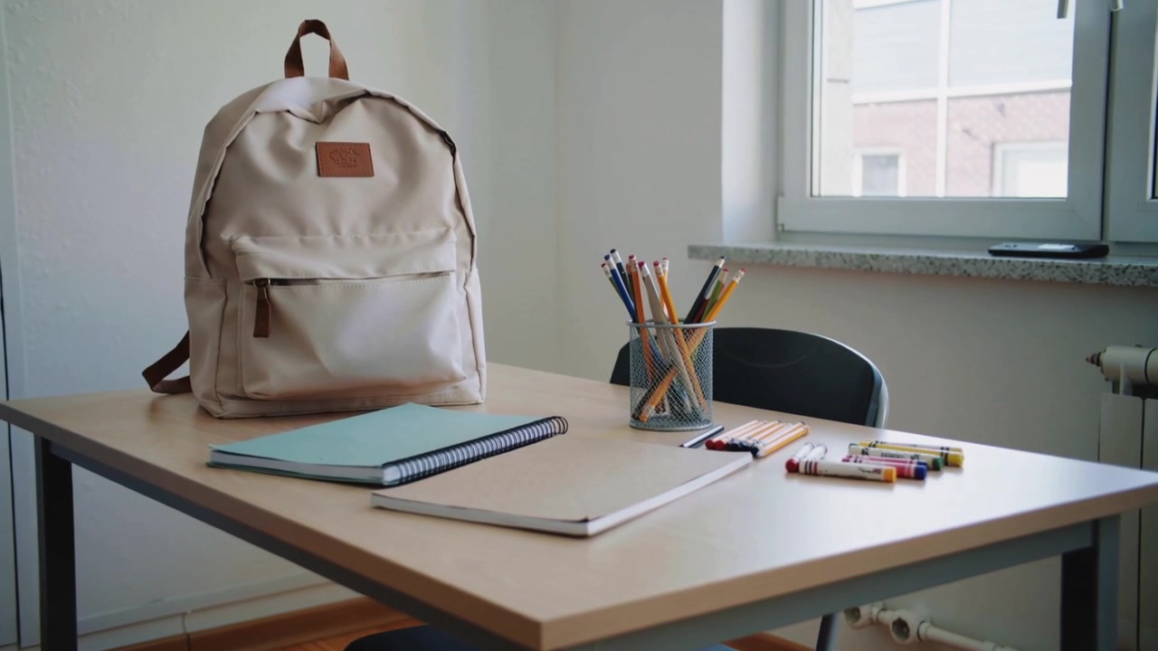 Panning camera revealing beige backpack on desk near window, showing study area details and pencils
