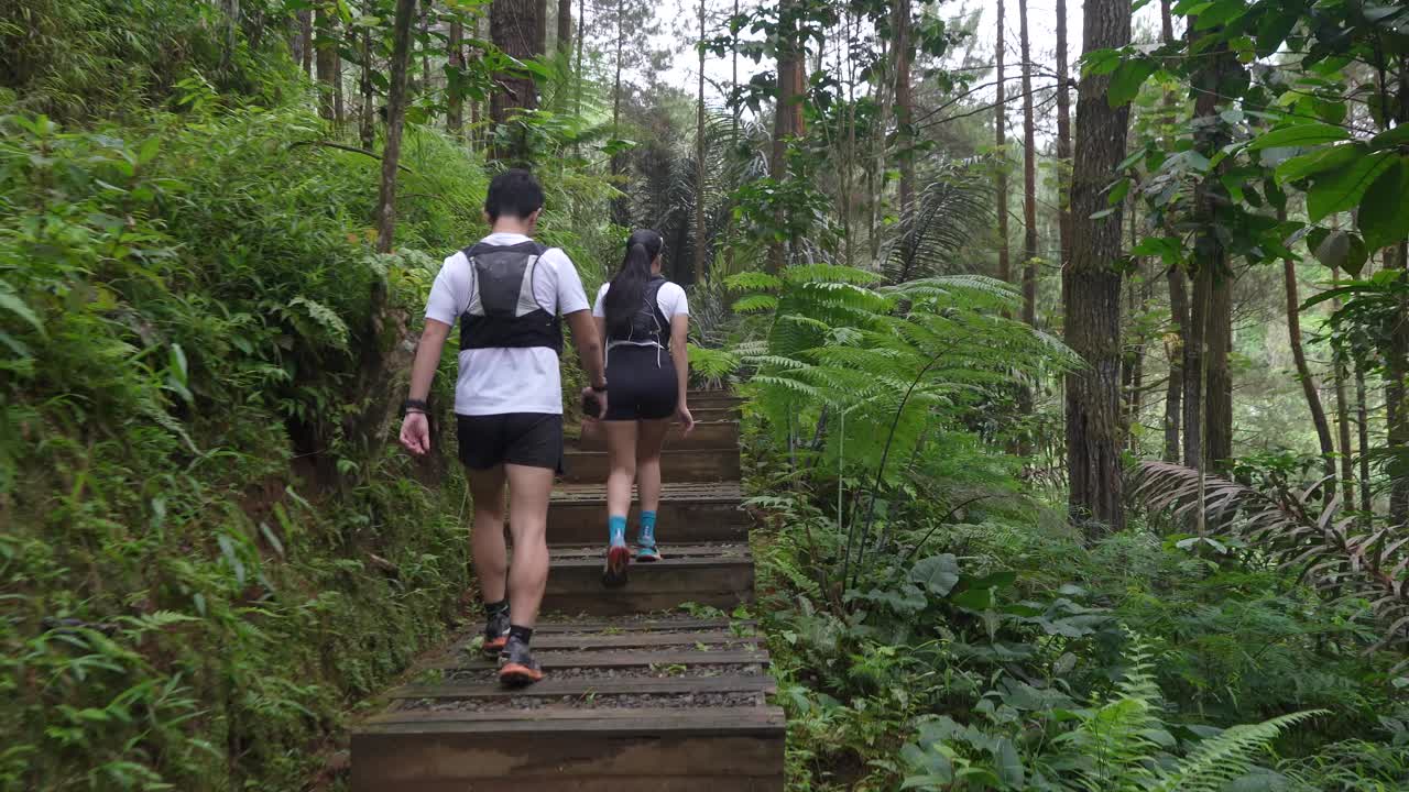 Back view of an Asian couple walks along a pathway in a tree-filled park
