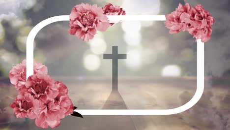 animación de flores y puntos de luz sobre la cruz