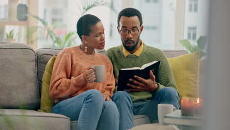 home, prayer or black couple reading a book