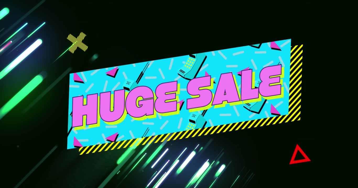 Animation of huge sale text banner against glowing light trails on black background