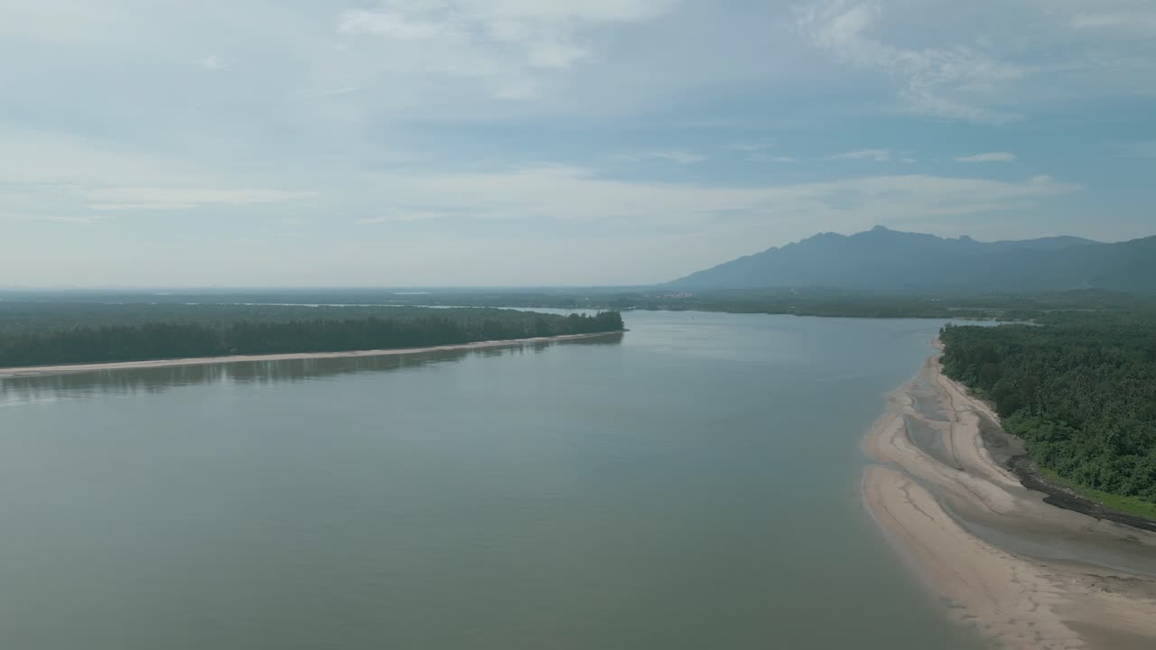 Drone View Of Trombol Beach At The North Side Facing Telaga Air Fishing Village,Kuching,Sarawak.