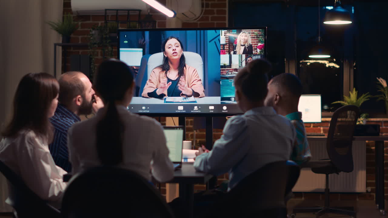 Employees team and remote coworkers cooperation in videoconference