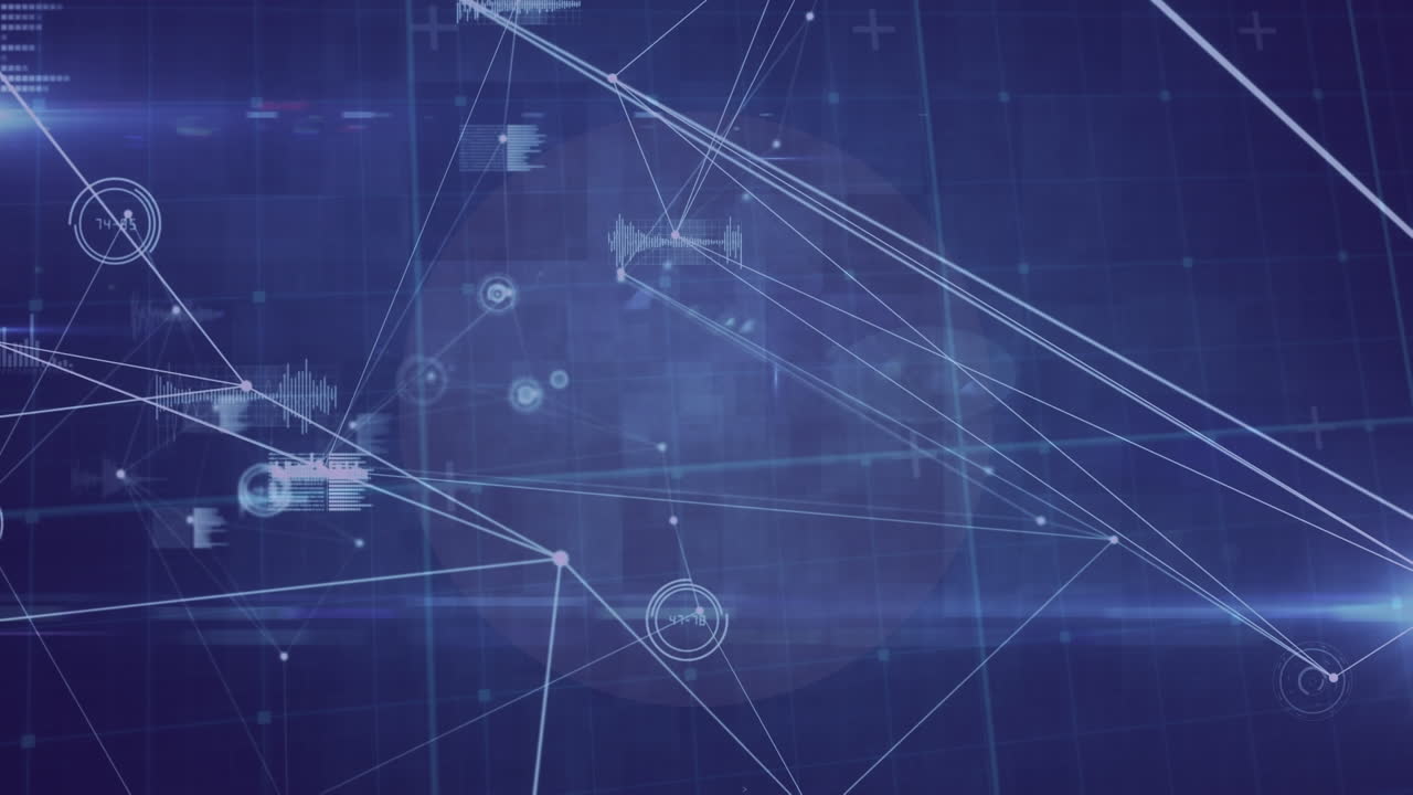 animación de la red de conexiones y procesamiento de datos sobre fondo azul