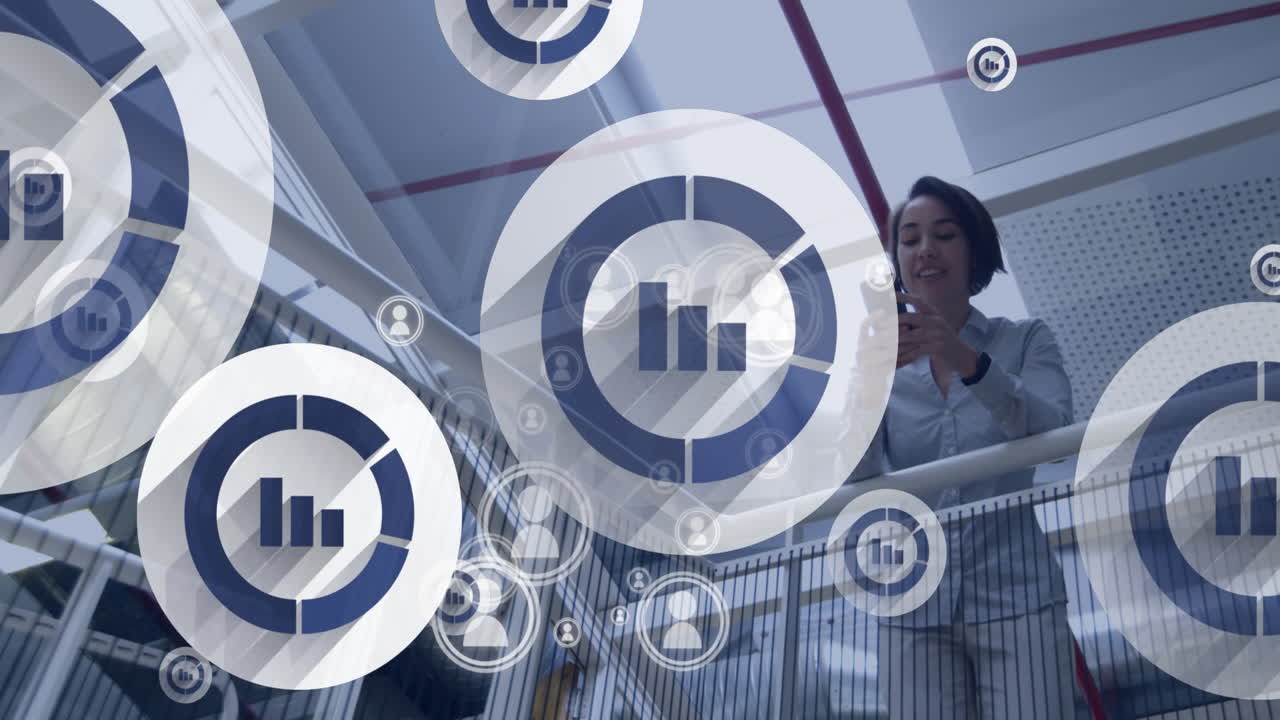 Animation of digital icons over woman using smartphone