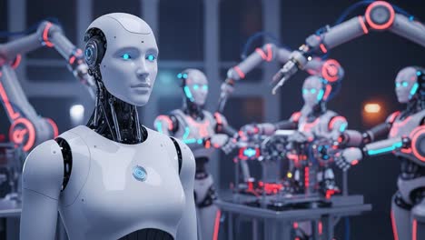futuristic robotics showcase: a focused humanoid robot surrounded by advanced robotic arms in a high-tech environment with vibrant neon accents and sleek design