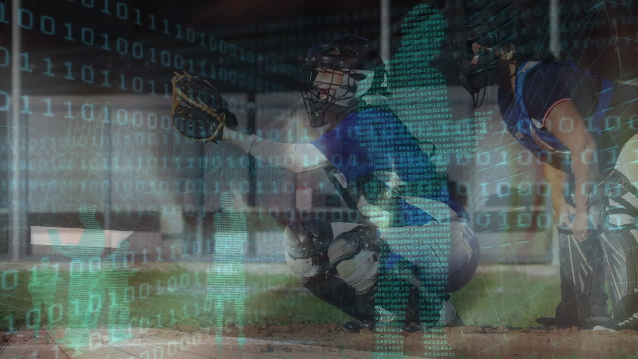 Animazione di elaborazione dati sopra diverse giocatrici di baseball