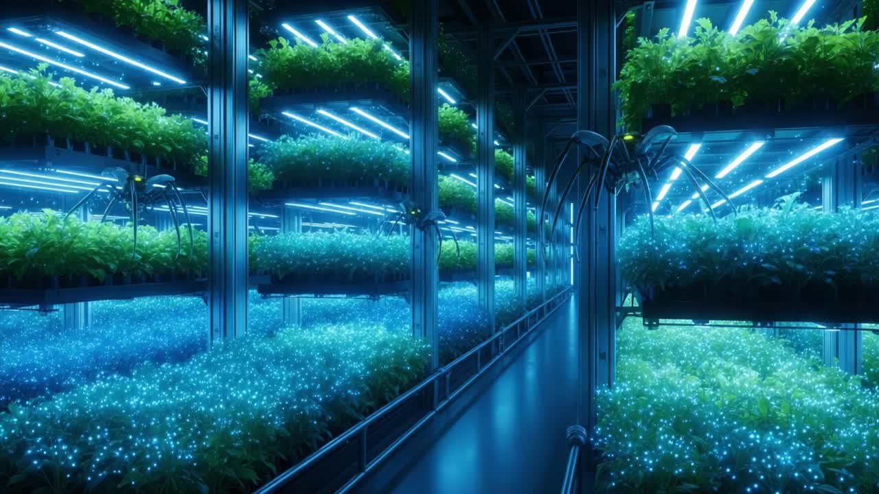 A Futuristic Indoor Vertical Farm with Lush Greenery and Advanced Hydroponics, Illuminated by Striking Blue LED Lights, Showcasing Sustainable and Innovative Agriculture Practices.