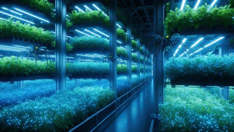 a futuristic indoor vertical farm with lush greenery and advanced hydroponics, illuminated by striking blue led lights, showcasing sustainable and innovative agriculture practices.