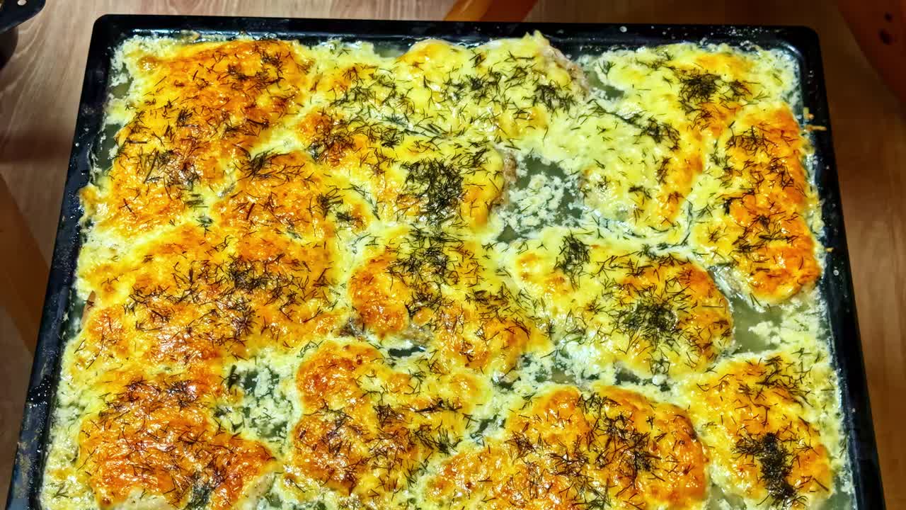 Filés de peixe assados com queijo e endro em molho cremoso borbulhando em uma assadeira: jantar caseiro com crosta dourada, close-up de cima para baixo