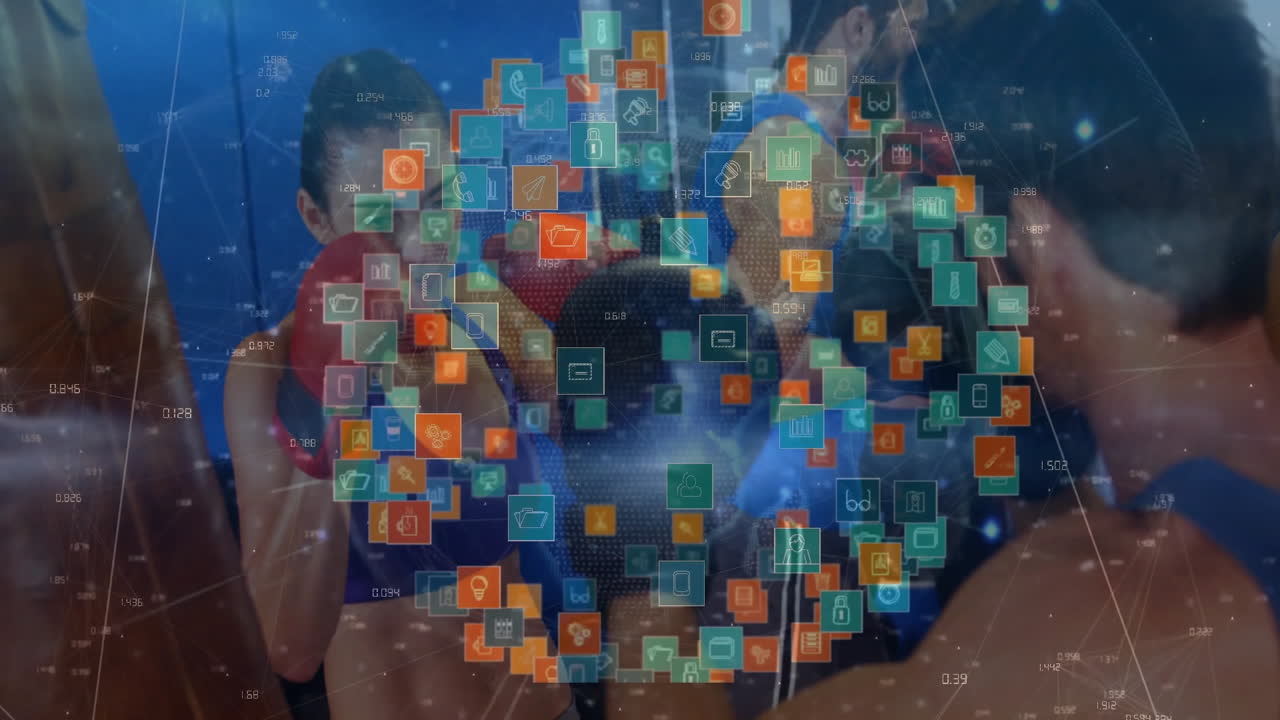Boxers sparring inside gym, showcasing floating data icons and fitness tech globe