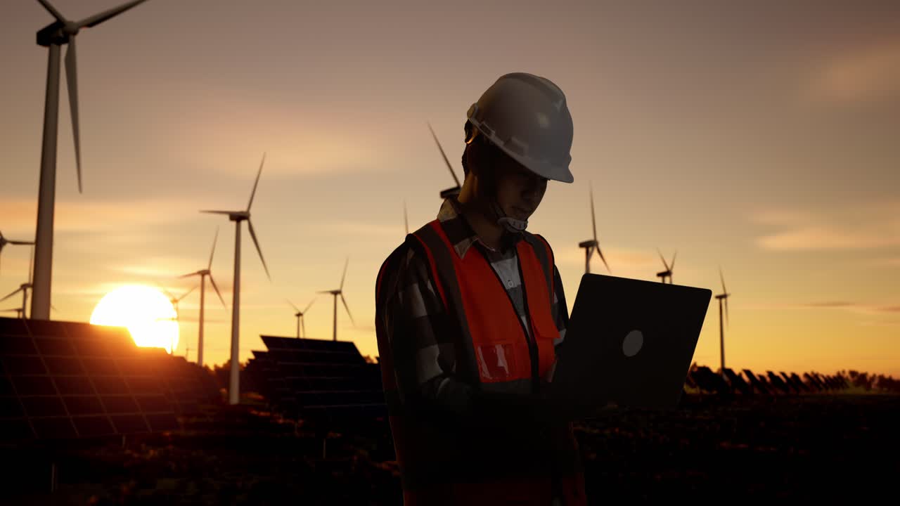 Engineer Working at a Renewable Energy Farm at Sunset