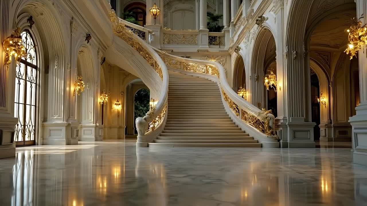 A large marble staircase in a large building with ornate railings