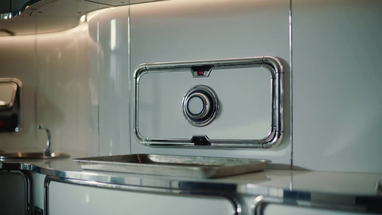 Unlatching door opening chrome compartment at stove, plastic container sliding onto tray for prep