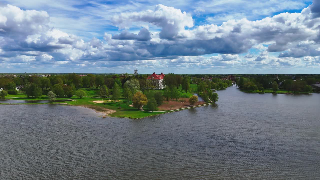 See Birzai Castle in Lithuania from above, via a drone shot