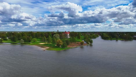 see birzai castle in lithuania from above, via a drone shot