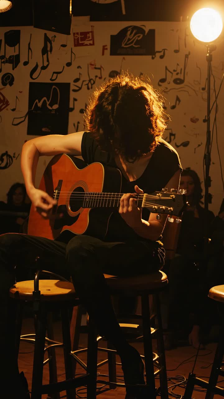 En video fanger en musiker der spiller guitar under spotlys i et dæmpet oplyst rum