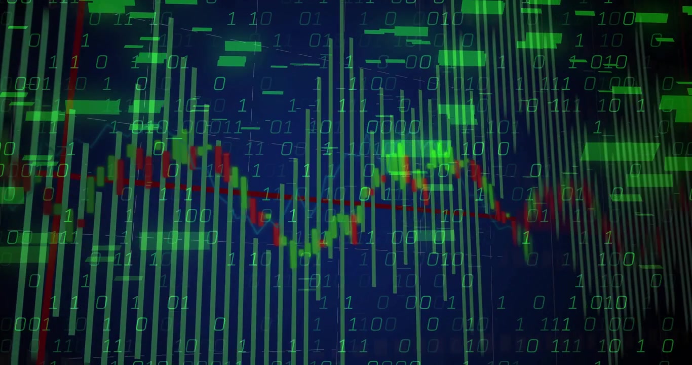 Grafico finanziario animato che mostra candele e una linea di media mobile su una griglia con cifre binarie.