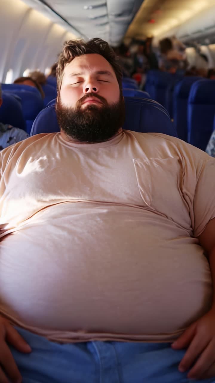 Um homem reclinado confortavelmente em seu assento com uma expressão serena, cercado por outros passageiros na cabine de um avião, destaca a experiência de viajar de avião.