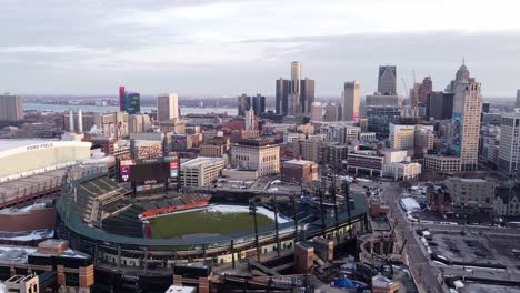 flying over baseball stadium of comerica park in downtown detroit, michigan state, usa