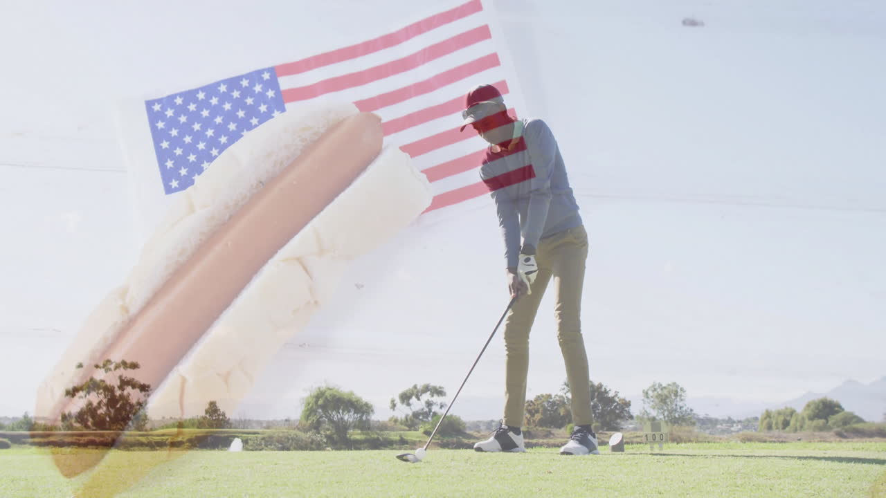 Preparing to swing, golfer with hot dog and American flag animation overlay