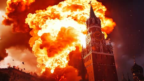 a large clock tower is engulfed by flames and smoke