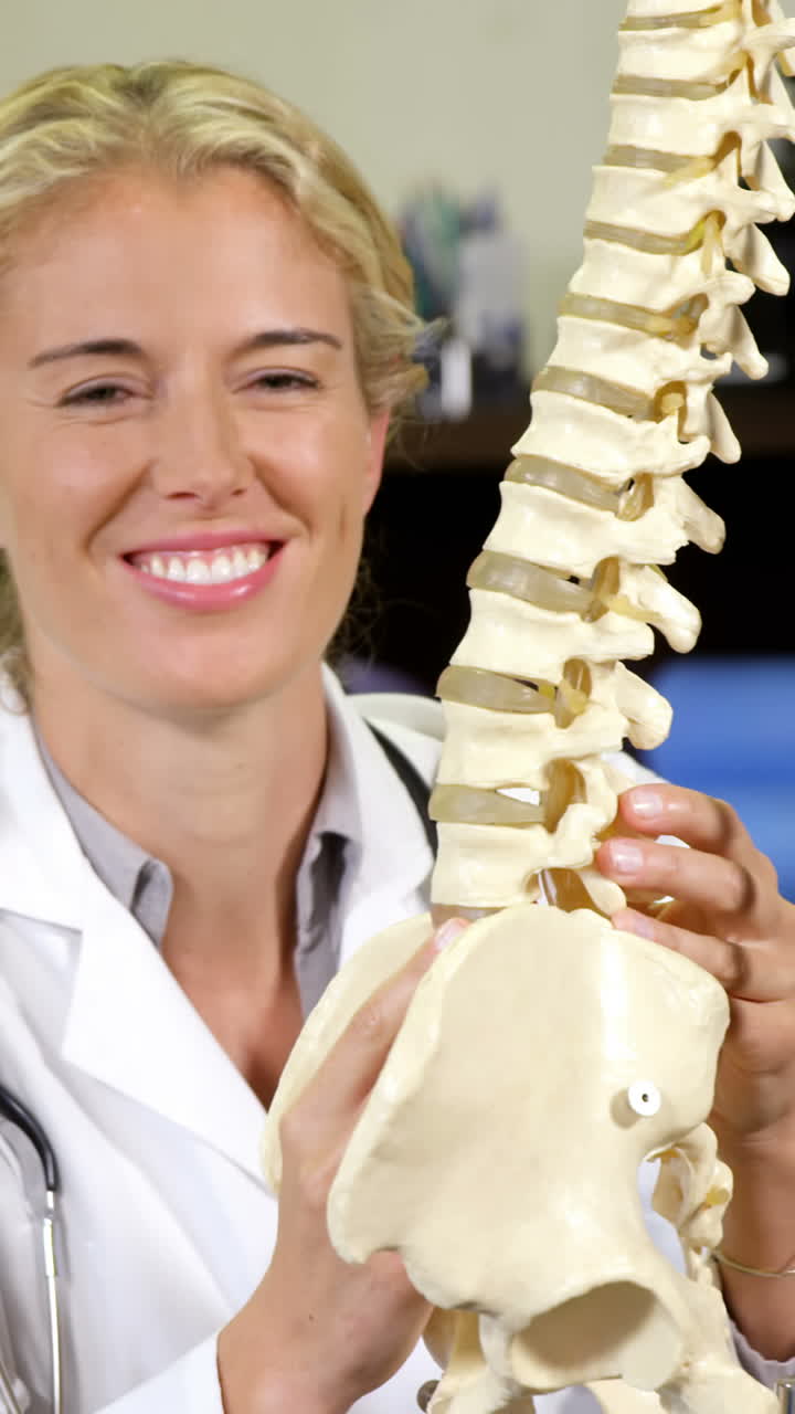 fisioterapeuta mirando el modelo de la columna vertebral