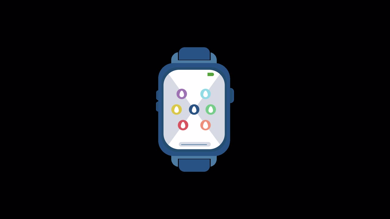 Animeret smartwatch, der viser app-ikoner og indlæsningsskærm.