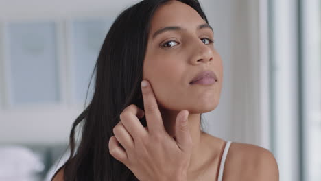 retrato mujer hermosa preparándose aplicando maquillaje en casa mirándose en el espejo disfrutando de la rutina matutina con belleza natural cosméticos para el cuidado de la piel