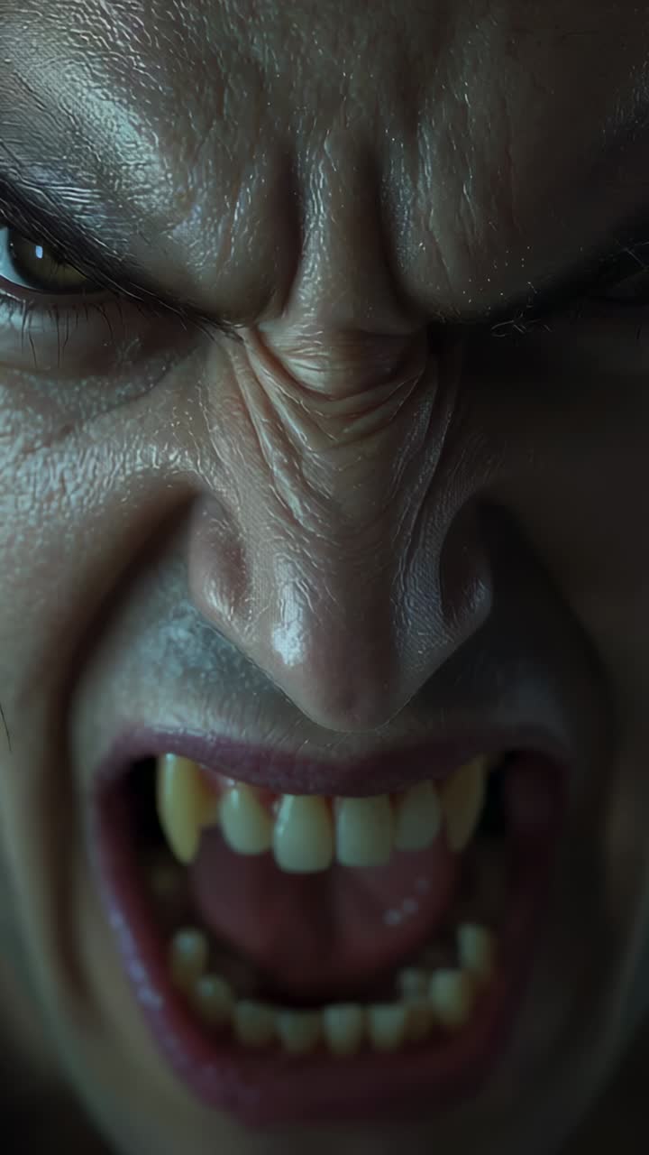 Vertical video: Snarling creature reacting to warm rim light rising in studio, teeth, furrowed brow