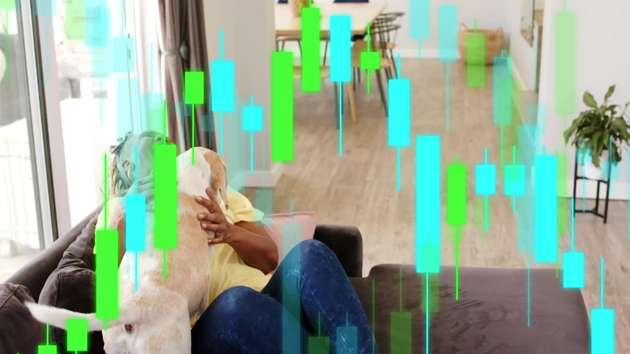 Senior woman soothing dog on sofa as dog climbing onto lap starting finance chart overlaying frames