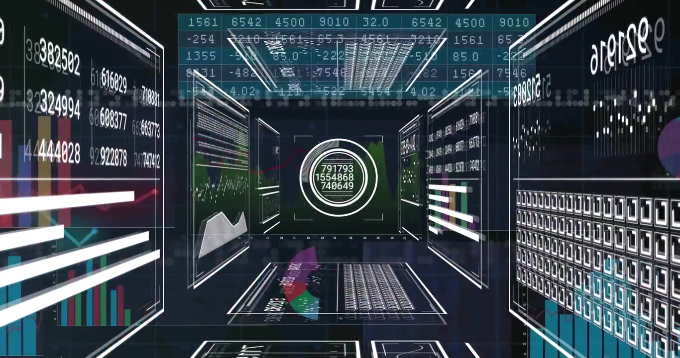 Central circular gauge displaying three numeric values while dark holographic panels floating