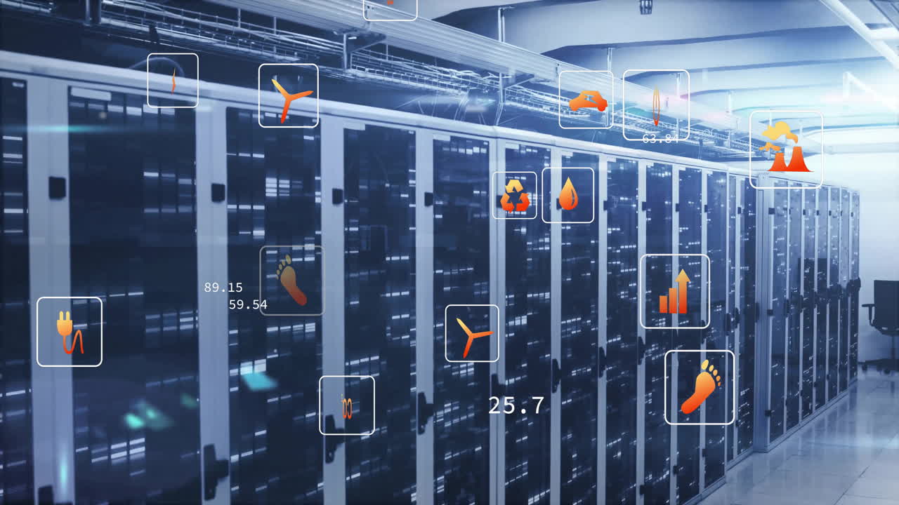 Animation of data processing and ecology icons over server room